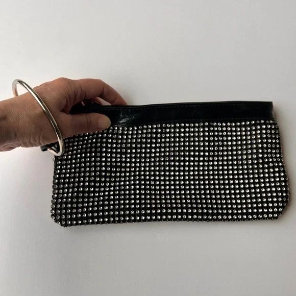 Black Patent Rhinestone Wristlet Clutch w/ Silver Hardware Small Sparkle Purse - Picture 5 of 8
